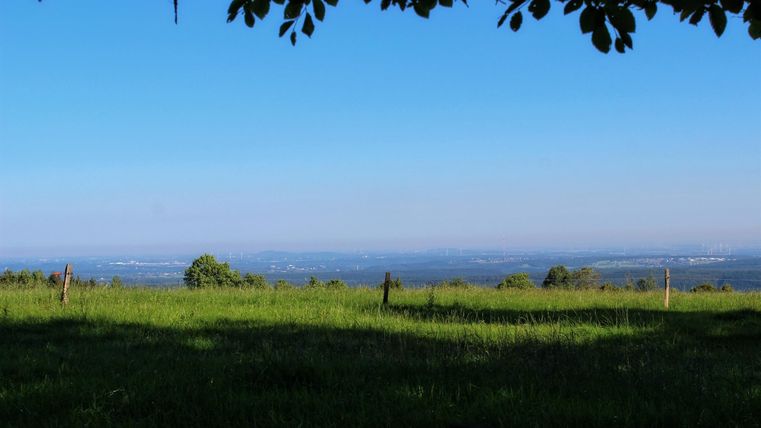 A vast, green meadow overlooking the landscape under a clear blue sky. In the foreground, shadows of trees are visible.