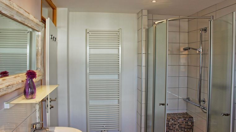 Een moderne badkamer met een douche en een wastafel. De muren zijn licht betegeld, en een handdoekhouder en een grote spiegel zijn zichtbaar.