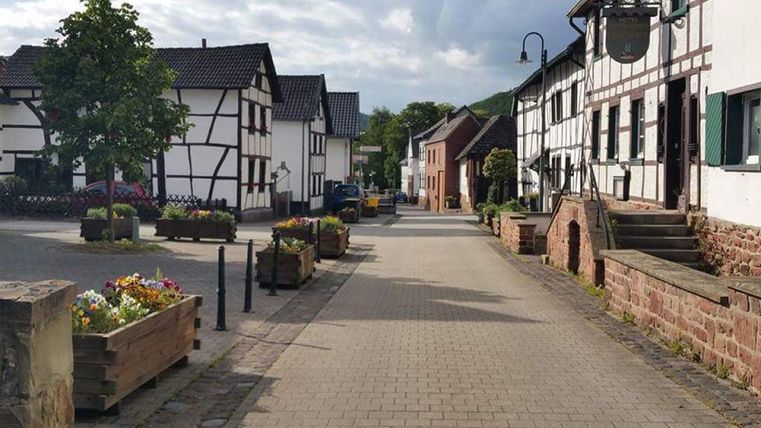 Een schilderachtige dorpsweg met vakwerkhuizen en kleurrijke bloembakken. De straat is omzoomd met bomen en nodigt uit tot een gezellige wandeling.