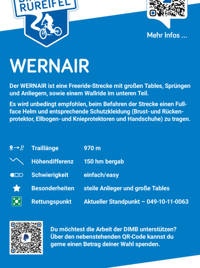 An information sheet about the Freeride trail WERNAIR in the Bikepark Rureifel. It describes the trail, the safety requirements, and provides contact information.