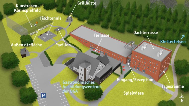 An overview map of a site with various facilities such as a barbecue area, table tennis, and a pavilion. The site also includes a playground and a climbing rock.