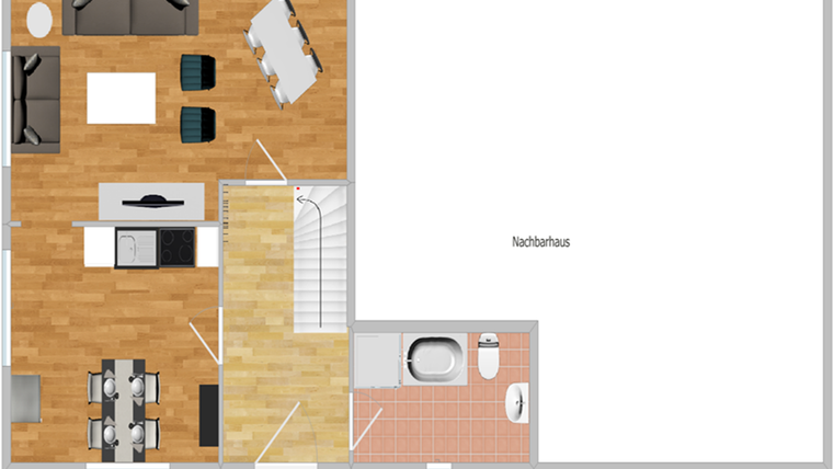 A floor plan of a modern living space with different areas. There is a kitchen, a dining room, and a bathroom.