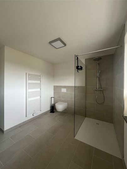 A modern bathroom with a shower and a toilet. The room has bright tiles and a clean, minimalist design.