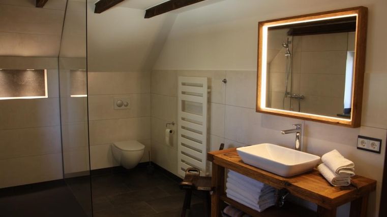 A modern bathroom with a glass shower and an elegant sink. Wood and tile elements create an inviting atmosphere.