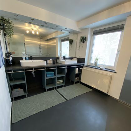 Een moderne badkamer met twee wastafels en grote spiegels. Ramen zorgen voor veel daglicht en planten geven de ruimte een frisse sfeer.