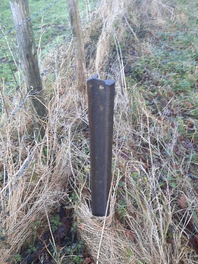 Een verroeste metalen paal staat in hoog gras. Op de achtergrond zijn de grond en andere palen zichtbaar.