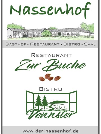 An inviting sign for the Nassenhof restaurant. It features the names "Zur Buche" and "Bistro Vennster" along with a sketchy image of the inn.