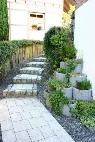 A beautiful garden path with stone steps and planted flower beds. The path leads to a house and is surrounded by green plants.