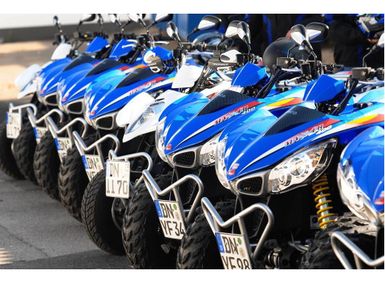 Eine Reihe von blauen Quads steht ordentlich aufgereiht. Die Fahrzeuge sind bereit für ein aufregendes Abenteuer.