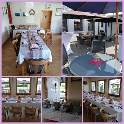 An inviting space with a set dining table and chairs, ideal for celebrations. Outdoor area with a sunshade and comfortable seating.